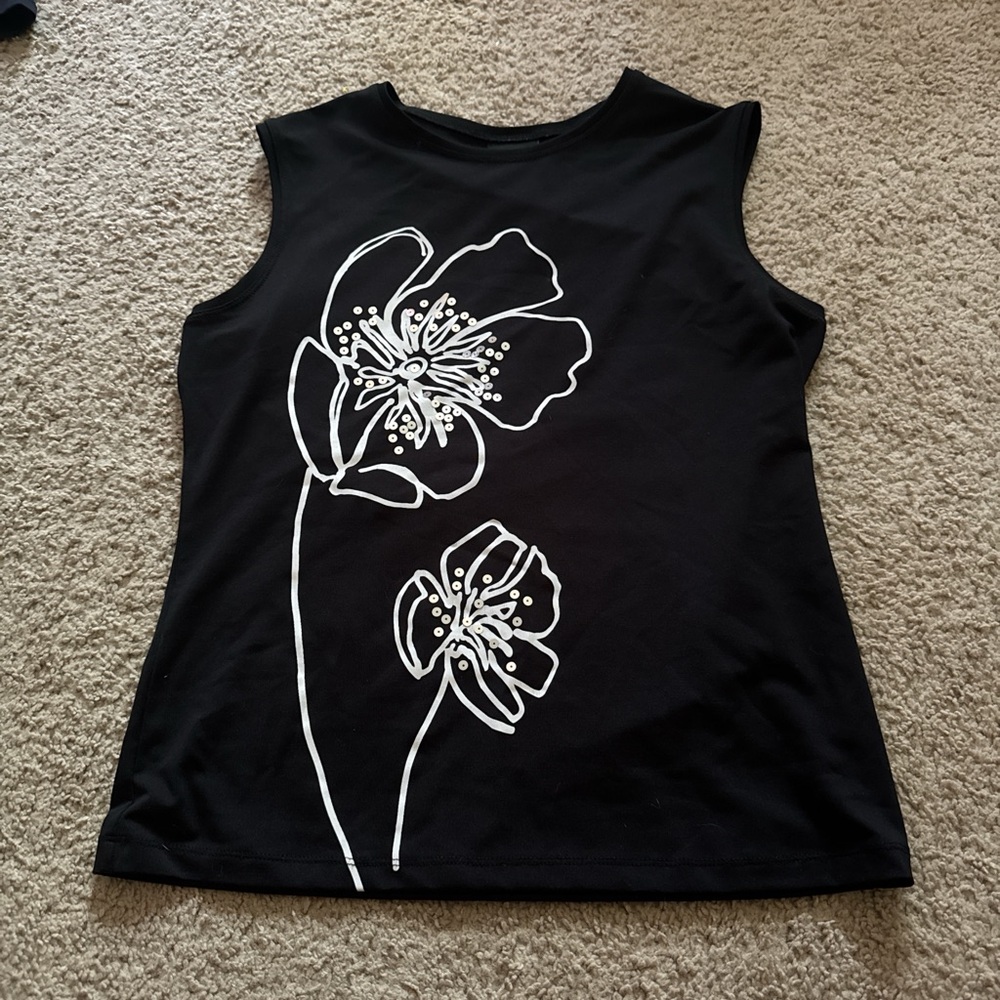 New York & Company Black Muscle Tee with White Floral Design